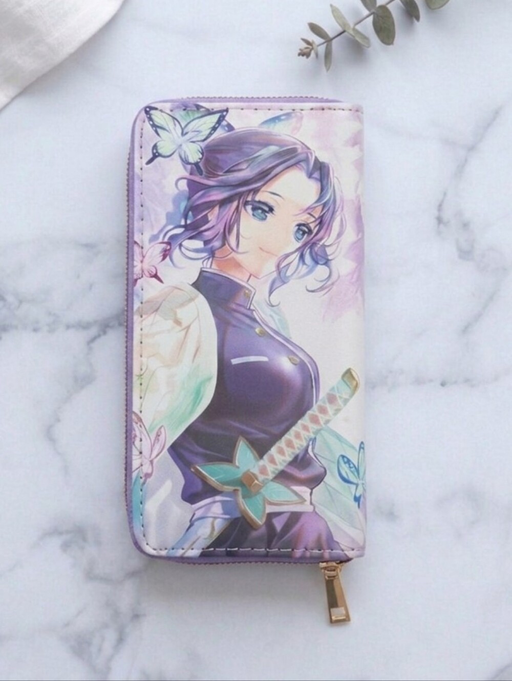 Anime Girl Long Zipper Wallet Aesthetic Soft Purple Butterfly Art